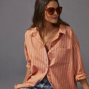 Pilcro Anthropologie Oversized Striped Button Down Shirt Pink Orange NWT XS